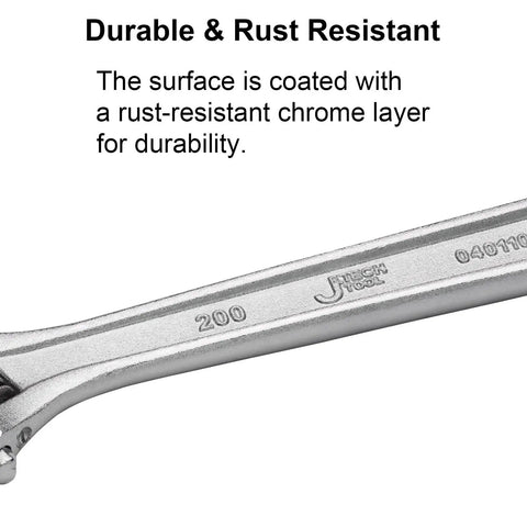Close-up of 8 Inch Adjustable Wrench With Wide 30mm Opening CRV Steel Construction with rust-resistant chrome layer visible