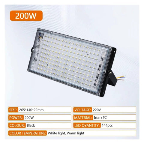 JUDYSSY 50W 100W 150W Outdoor Led Floodlight Ip65 Waterproof Spotlight in black, 200W size 265x140x22mm for garden and warehouse use.