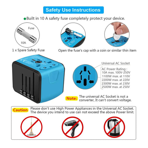 Worldwide Travel Adapter With 2.4 Amp USB Charging And 3 USB A Ports Plus USB C Fast Charge Universal Wall Charger safety features