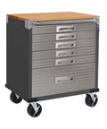 Heavy Duty Rolling Cabinet Workbench With Solid Wood Top, 6-Drawer Soft Close, Graphite Finish, Powder Coated Steel Frame