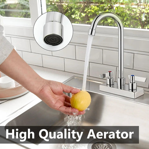 Slick Polished Chrome Bar Sink Faucet Featuring A Solid Four Inch Centerset Spout Rising Eight Point Three Inches Crafted From Tough SUS304 Steel With Zero Fuss Operation For Laundry Bar Cabinet Or Rv Setup That Really Stands Out, water streaming from aerator.