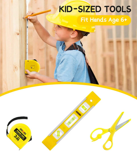 Child using Kids Tool Set With Real Metal Hand Tools Includes Hammer Wrench Pliers Level Tape Measure Clamps Screwdrivers Safety Goggles And Tool Bag Great Gift For Ages 8 Plus Home DIY Learning Kit For Boys And Girls