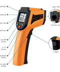 Non-Contact Infrared Temperature Gun For Quick Temp Readings, -50 C To 400 C, -58 F To 752 F, Handy IR Thermometer For Industrial Use, Kitchen, Ovens, Grilling, Auto Repair, Home DIY, Orange, front view with trigger and backlit LCD