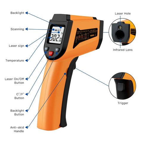 Non-Contact Infrared Temperature Gun For Quick Temp Readings, -50 C To 400 C, -58 F To 752 F, Handy IR Thermometer For Industrial Use, Kitchen, Ovens, Grilling, Auto Repair, Home DIY, Orange, front view with trigger and backlit LCD