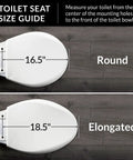 Toilet seat size guide showing round 16.5-inch and elongated 18.5-inch options for Beadboard Round Toilet Seat With Chrome Hinges In White Enamel Wood Durable One Pack Sta-Tite Fastening System Never Loosen Easy Snap Install Wobble Free Comfort Upgrade For Your Bathroom.