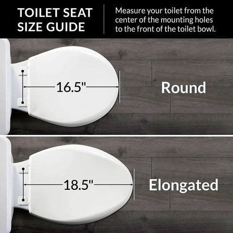 Toilet seat size guide showing round 16.5-inch and elongated 18.5-inch options for Beadboard Round Toilet Seat With Chrome Hinges In White Enamel Wood Durable One Pack Sta-Tite Fastening System Never Loosen Easy Snap Install Wobble Free Comfort Upgrade For Your Bathroom.