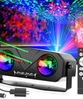Sound Activated Disco Light Projector With Remote Control For Parties Bar Karaoke KTV Xmas Christmas Halloween Dance Floors And Home Entertainment For Party Scenes And Venues, showing colorful light projections with remote.