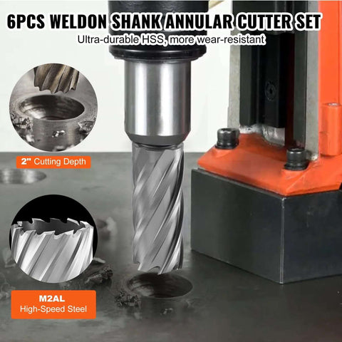 6-piece Weldon shank annular cutter set for magnetic drills; 2" cutting depth, M2AL high-speed steel, in portable case