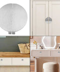 Four Pack Half Moon Drawer Pulls In Brushed Nickel Aluminum for kitchen and dresser, shown on cabinet and vanity drawers.