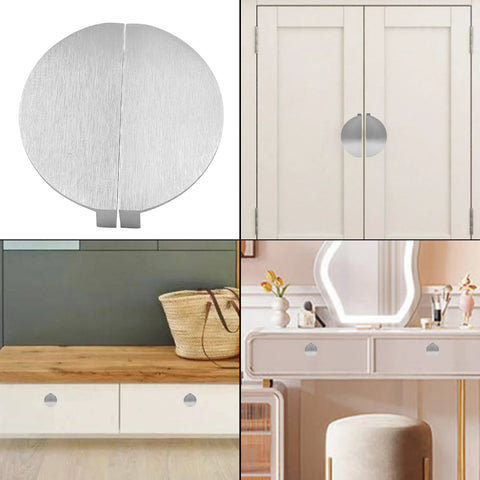 Four Pack Half Moon Drawer Pulls In Brushed Nickel Aluminum for kitchen and dresser, shown on cabinet and vanity drawers.