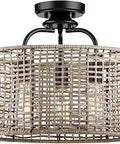 Lavelle Collection 3-Light Natural Rattan With Textured Black Finish Global Semi-Flush Mount Convertible Ceiling Light