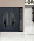 Slick Prehung Steel Double Front Doors Featuring Tinted Black Glass Sidelite Modern Right Inswing Entry System installed in a sleek interior.