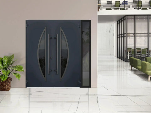 Slick Prehung Steel Double Front Doors Featuring Tinted Black Glass Sidelite Modern Right Inswing Entry System installed in a sleek interior.
