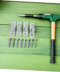 Rock Solid Gate Hinges Set Features Four Wall Mount Brackets with screws and tool for easy installation on wooden fences.