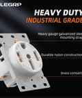 Heavy Duty Nema 14 50 Amp Flush Mount Range Outlet Featuring No Sweat Install Brass Contacts Galvanized Bracket And Rock Solid Grounded Socket For Kitchen Ev Setup Ul Listed White, showcasing the galvanized steel mounting strap and nylon construction.