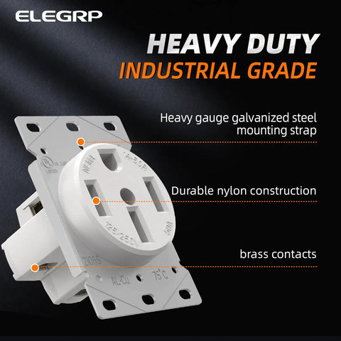 Heavy Duty Nema 14 50 Amp Flush Mount Range Outlet Featuring No Sweat Install Brass Contacts Galvanized Bracket And Rock Solid Grounded Socket For Kitchen Ev Setup Ul Listed White, showcasing the galvanized steel mounting strap and nylon construction.