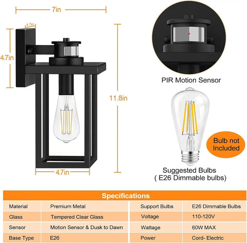 Motion Sensor Outdoor Porch Light With Dusk To Dawn Auto And Override Modes Black Anti Rust Wall Lamp specifications