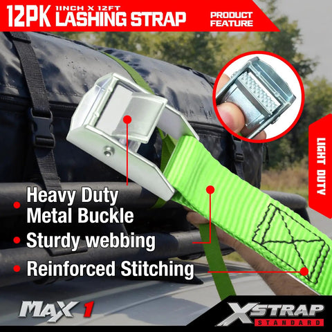 Top Shelf Heavy Duty Cam Buckle Tie Down Straps 1x12 Feet 12 Pack With Bulletproof Grip for flatbed hauling with metal buckle.
