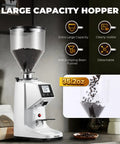 Premium 64Mm Commercial Electric Coffee Grinder With Stainless Steel Flat Burrs And Smart Touchscreen Setup To Easily Crush Beans And Dial In Your Daily Brew Like A Pro In Clean White Finish showing 35.2oz hopper with coffee beans.
