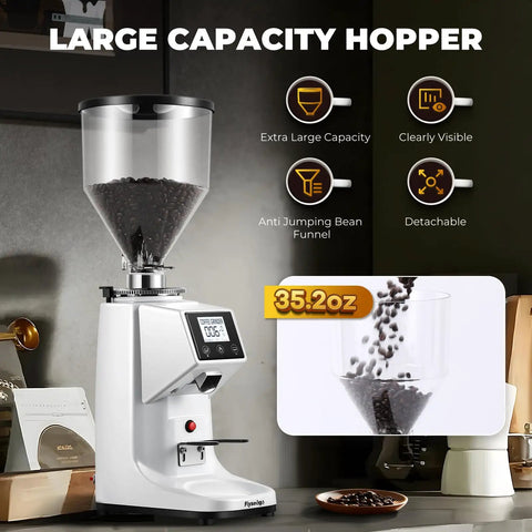 Premium 64Mm Commercial Electric Coffee Grinder With Stainless Steel Flat Burrs And Smart Touchscreen Setup To Easily Crush Beans And Dial In Your Daily Brew Like A Pro In Clean White Finish showing 35.2oz hopper with coffee beans.