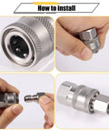 4-pack stainless steel 1/4 in NPT pressure washer quick-connect couplers set; front, side, close-up, installed views.