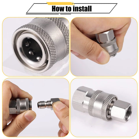 4-pack stainless steel 1/4 in NPT pressure washer quick-connect couplers set; front, side, close-up, installed views.