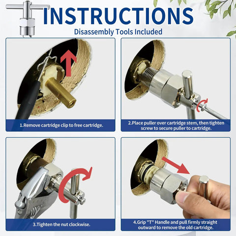 Step-by-step guide for Posi Temp Cartridge Replacement Kit With 104421 Removal Tool And 116653 Handle Adapter installation.