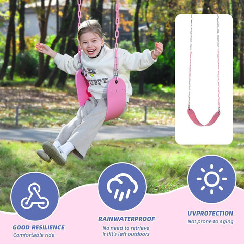 Child swinging on pink swing seat with heavy duty chains, plastisol coated copolymer for playground swing set accessories replacement.