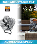 12-Inch Cradle Floor Fan With 3-Speed High-Velocity Airflow, 180-Degree Tilt, All-Metal Build, shown in outdoor setting.