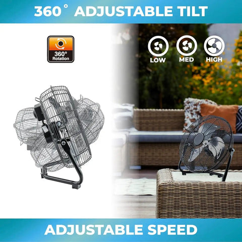 12-Inch Cradle Floor Fan With 3-Speed High-Velocity Airflow, 180-Degree Tilt, All-Metal Build, shown in outdoor setting.