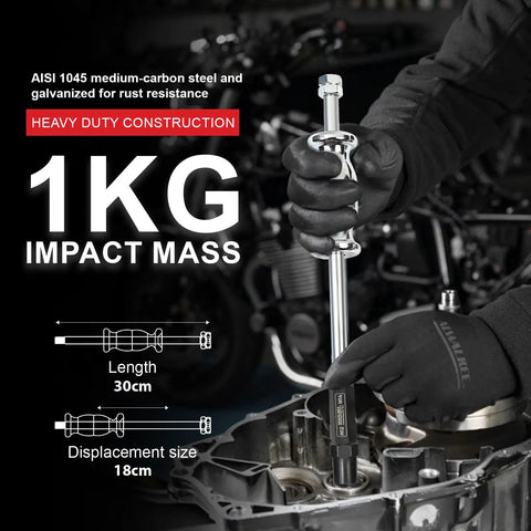 Person using 24-Piece Slide Hammer Kit For Auto Repair And Dismantling, Dowel Pin Puller with threaded adapter on engine part