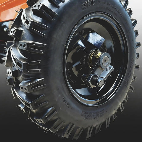Close-up of tire on Beefy 71 Gallon Tow Behind Sand And Gravel Spreader For ATV And UTV