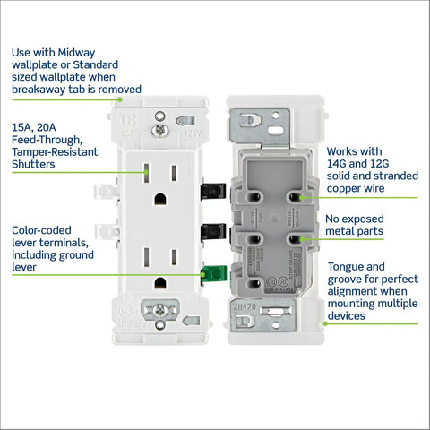 No Sweat 15 Amp Tamper Resistant Duplex Wall Outlet 10 Pack Lever Style Wire Connectors With Bold Color Markings For Rapid Safe Circuit Installations In Crisp Clean White, showing detailed features and specifications.