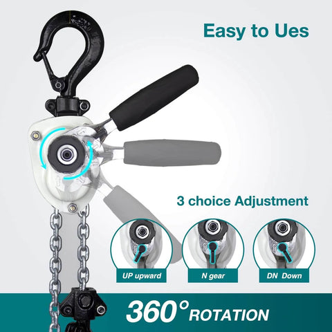 Close-up of Mini Chain Hoist 1100Lb Manual Lever Hoist One Half Ton Mini Puller with adjustment features and 360-degree rotation.