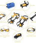Grippy Anti Slip Ice Crampons with 10 Teeth Stainless Steel Snow Grips for Men and Women showing components and features.