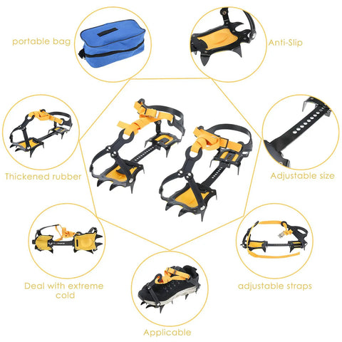 Grippy Anti Slip Ice Crampons with 10 Teeth Stainless Steel Snow Grips for Men and Women showing components and features.