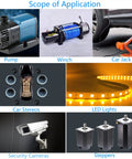 Beefy 12V 10A 120W DC Switching Power Supply Adapter shown powering LED lights, security cameras, and industrial equipment.