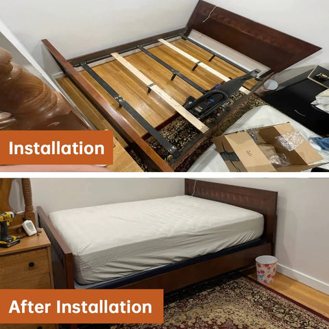 Set Of Four Adjustable Bed Frame Support Legs, Heavy Duty Slats Support For Bed Frames, 7.08 To 13 Inches Height, Easy Install shown installed