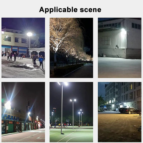 Various outdoor scenes illuminated by JUDYSSY Bright Led Floodlight 30W-600W, showcasing its versatility at night.