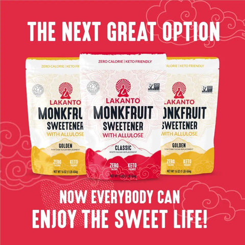 Three bags of Lakanto Monk Fruit Sweetener with Allulose, yellow and red packaging, zero calorie, keto friendly.