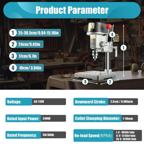 Product parameters of Totally Legit Heavy Duty Mini Bench Drill Press 340W Variable Speed Portable Tool with specifications on display.