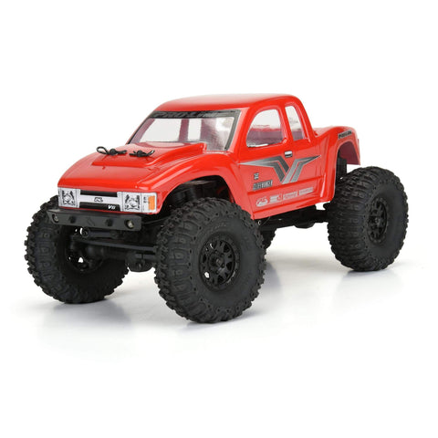 Red RC crawler with Trencher Front And Rear 1 To 24 Scale RC Tire Set With 2.25 Inch Tall Bead-Loc Black Impulse 4 Wheels features.