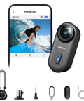 Clip1 Mini Action Camera With Hands Free POV Wearable Magnetic Mount 6 Axis Stabilization 30 Degree Horizon Lock shown with accessories