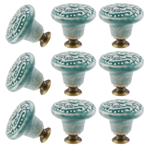 8-Piece Green Ceramic Knobs Set For Vintage Kitchen Cabinets And Dressers, Retro Ceramic Drawer Pulls With Mounting Screws