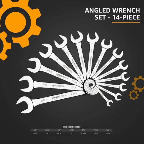 14-piece angled double open end wrench set displayed in a fanned arrangement with sizes 3/8 to 1-1/4 inch labeled.