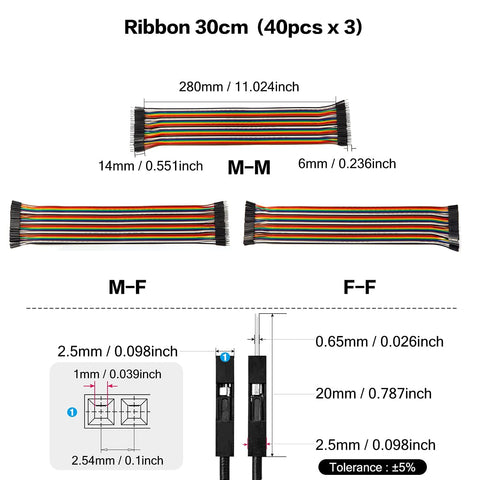 120 Piece 30cm Jumper Wire Kit With 2.54mm Dupont Cables showing multicolor ribbon and size details for prototyping