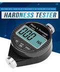 Top Shelf Digital Durometer Shore Hardness Tester Featuring LCD Screen showing measurement settings for rubber and plastic testing.