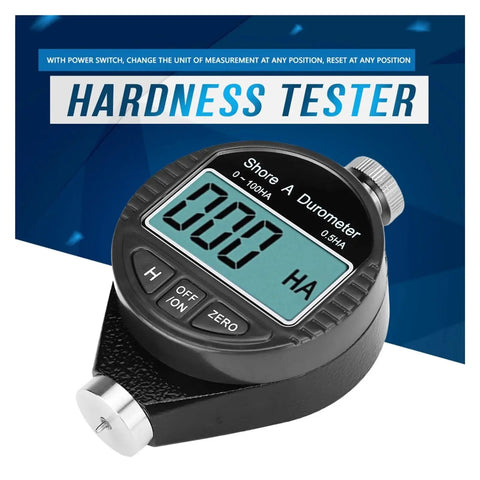 Top Shelf Digital Durometer Shore Hardness Tester Featuring LCD Screen showing measurement settings for rubber and plastic testing.