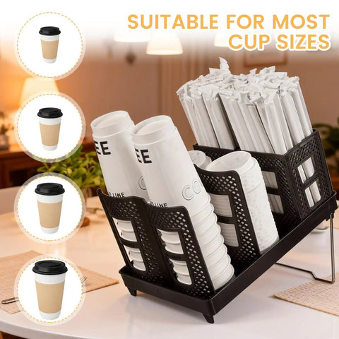 Paper Cup And Lid Holder With Straw Organizer For Countertop Coffee Station Bar Kitchen Or Office Black Fits 8 Oz To 22 Oz Cups Keeps Lids And Straws Neatly Within Reach For Grab And Go Coffee Setup