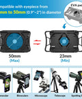 Universal Telescope Phone Adapter With Bluetooth Shutter Remote showing compatibility with 23mm to 50mm eyepiece sizes.